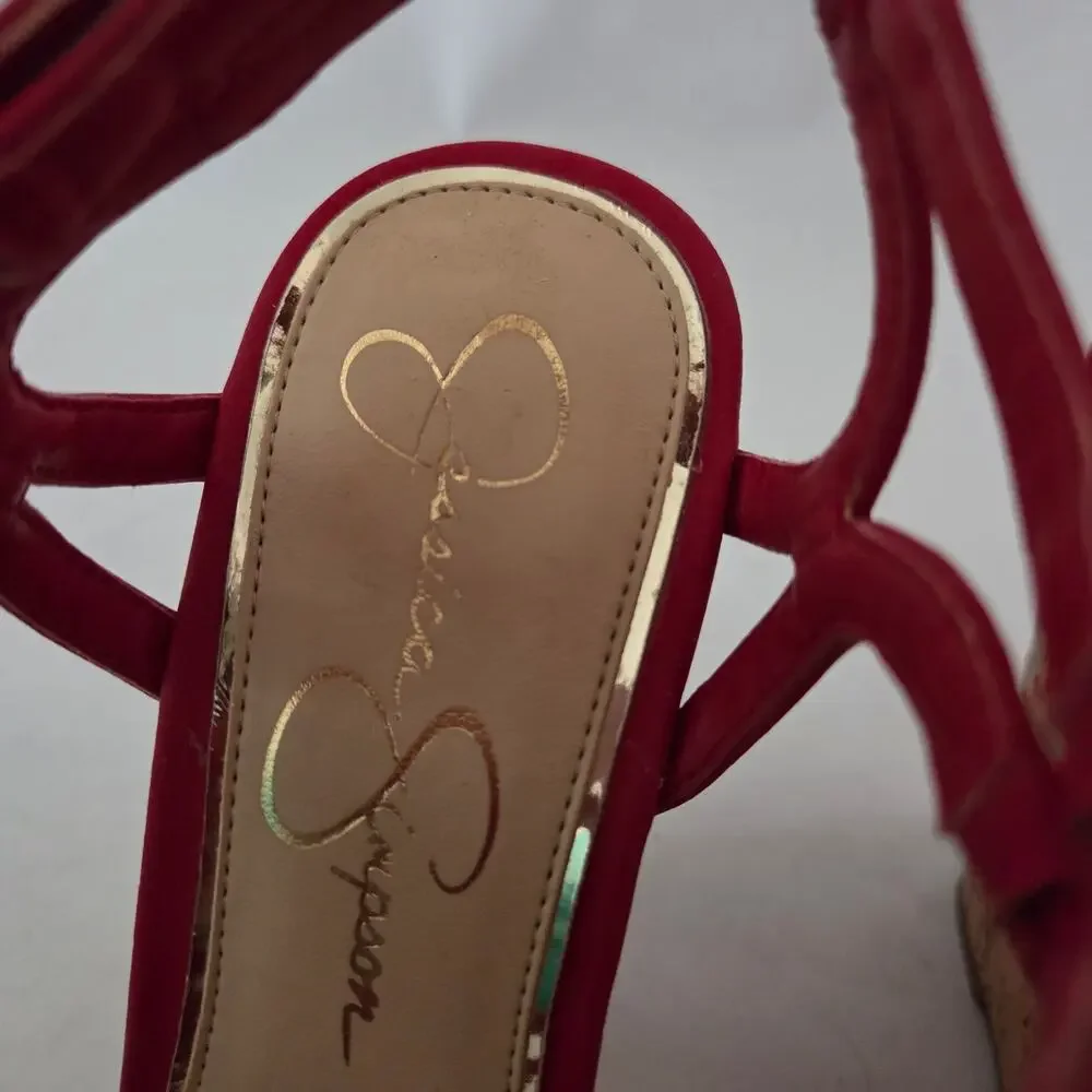 Jessica Simpson Brinlee Red Strappy Tall Cork Wedge Sandals Baddie Summer Sz 7.5